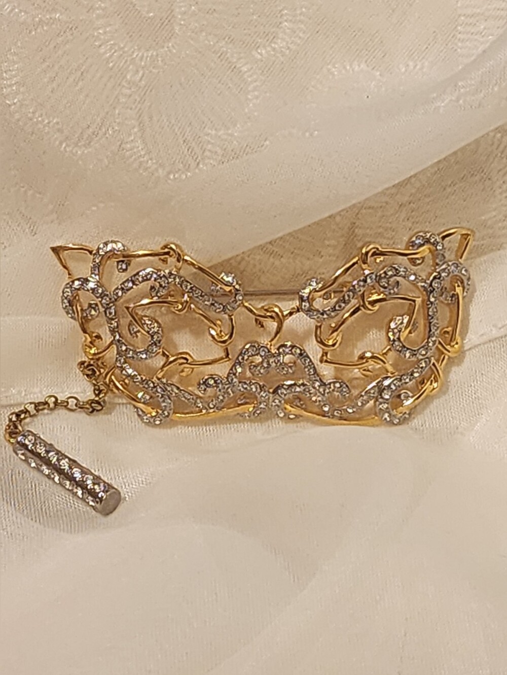 Vintage BUTLER Masquerade Dangle Brooch, Gold & Silver Tone w/ Crystal Stones